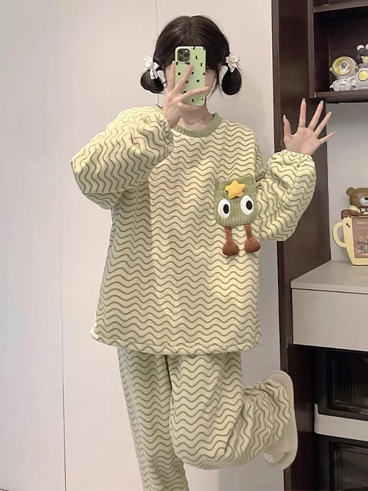 Японская мода GP коралловый флисовые пижамы женские 2024 зимние свободные большие