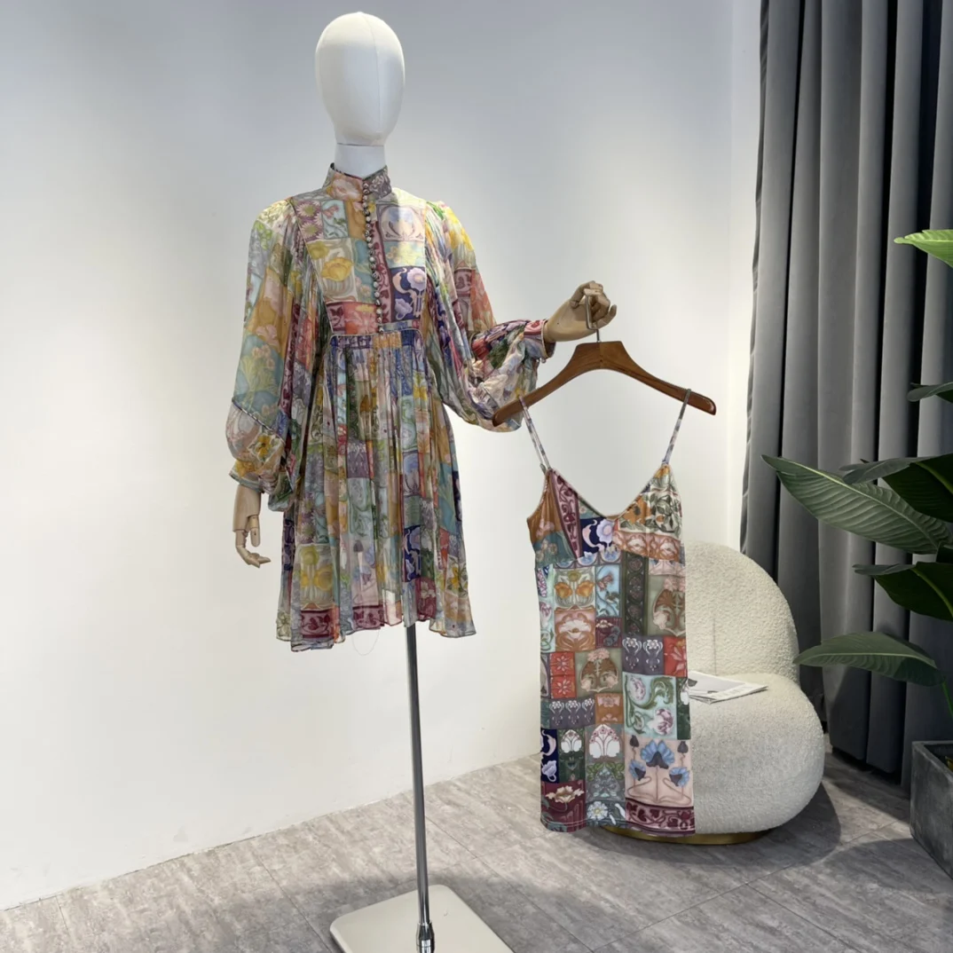 

Sweet Style 2022 Autumn New Collection Top Quality Multi Color Spliced High Waist Mini Loose Dresses for Women