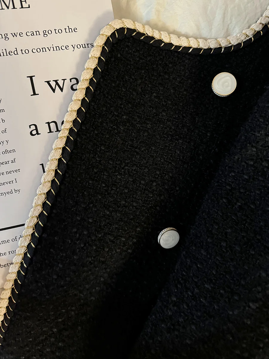 Черное твидовое изящное короткое пальто в стиле преппи для женщин новинка 2024