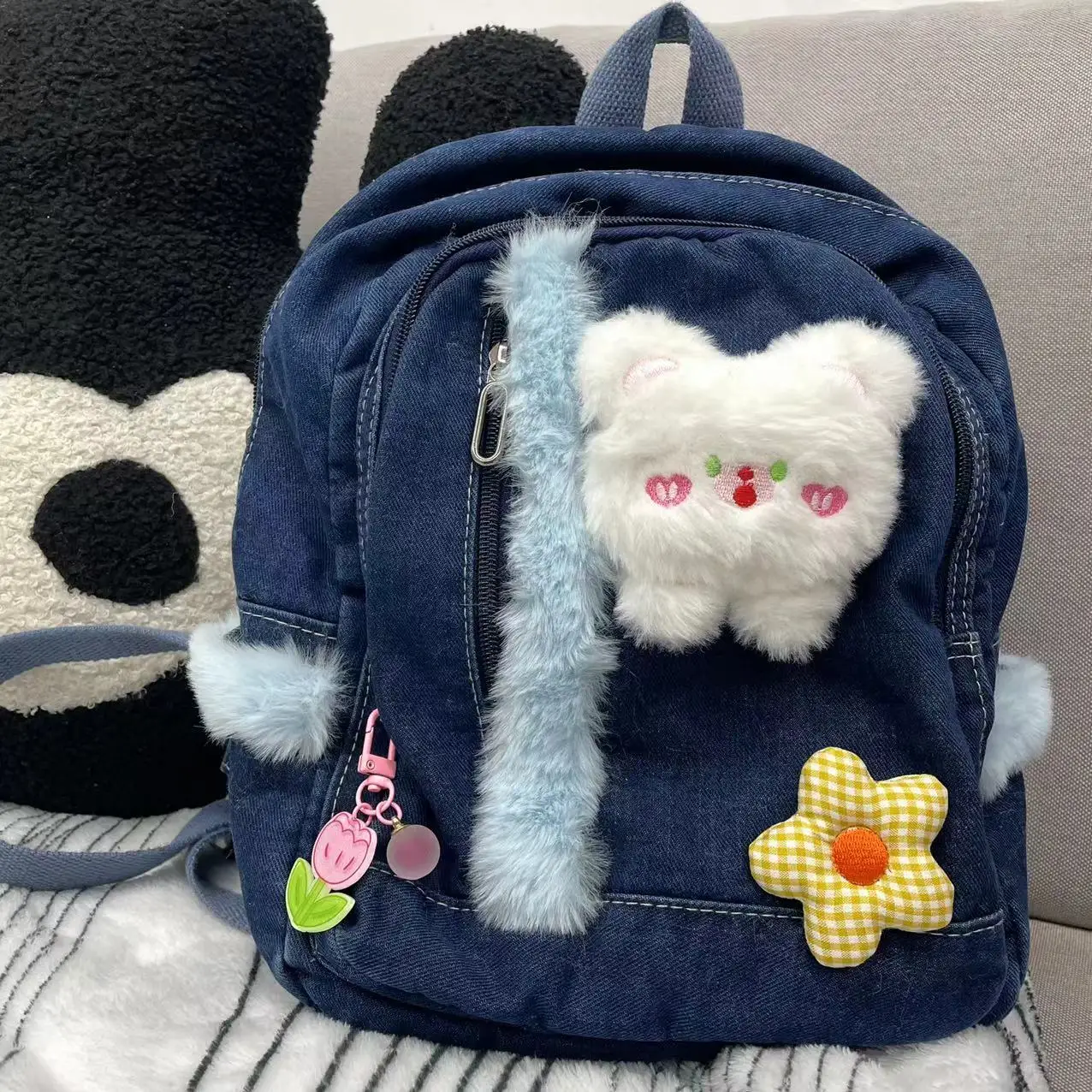 

Винтажный школьный ранец Y2k в стиле Харадзюку С мультипликационным изображением мишки в Корейском стиле, Модный повседневный Джинсовый Рюкзак для девочек, женские сумки