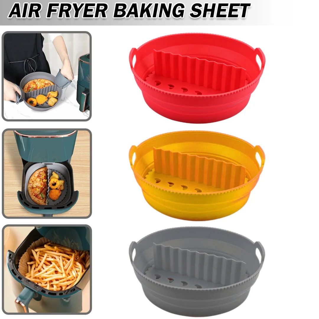 

Air Fryer Liners Set Silicone Round Basket Pot With Split Pad Reusable Non-stick Baking Tray Tools For Air Fryers Ovens Kitchen