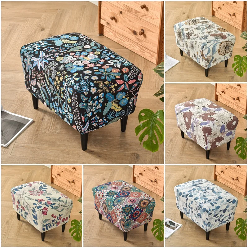 

Floral Printed Footstool Cover Rectangle Elastic Footrest Chair Covers Spandex Foot Stool Case Furniture Protector Living Room