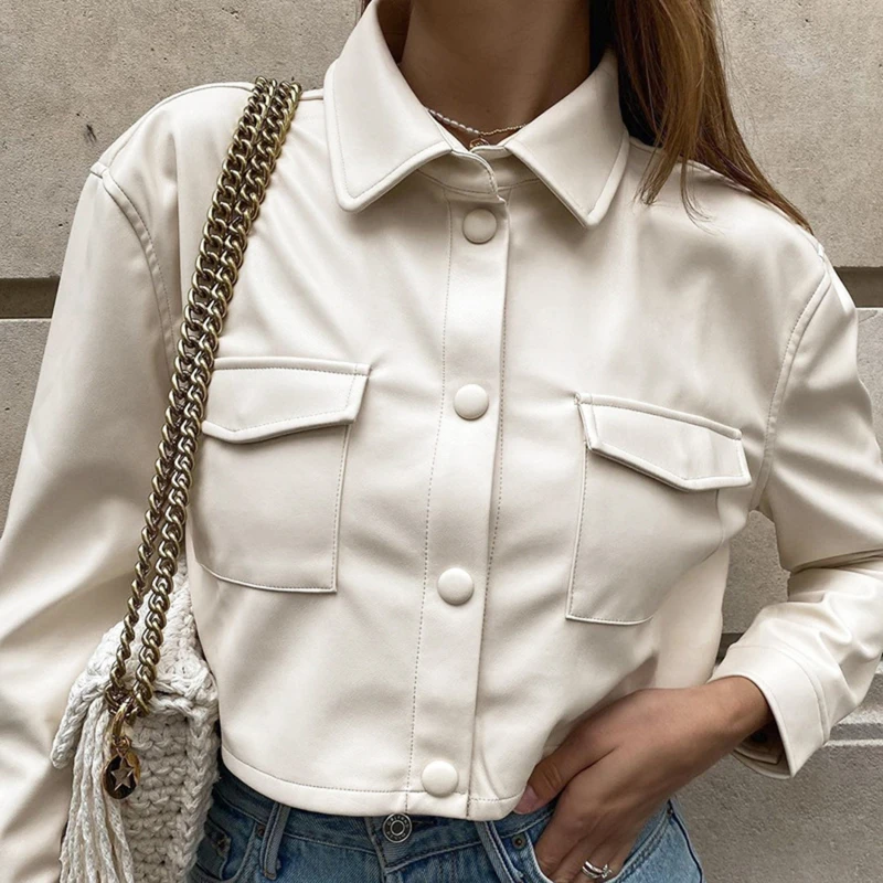 

Black Pu Leather Cropped Jacket Women Autumn Vintage Elegant Coats Ladies PU Harajuku Punk Style Thin Fashion Overcoat Winter