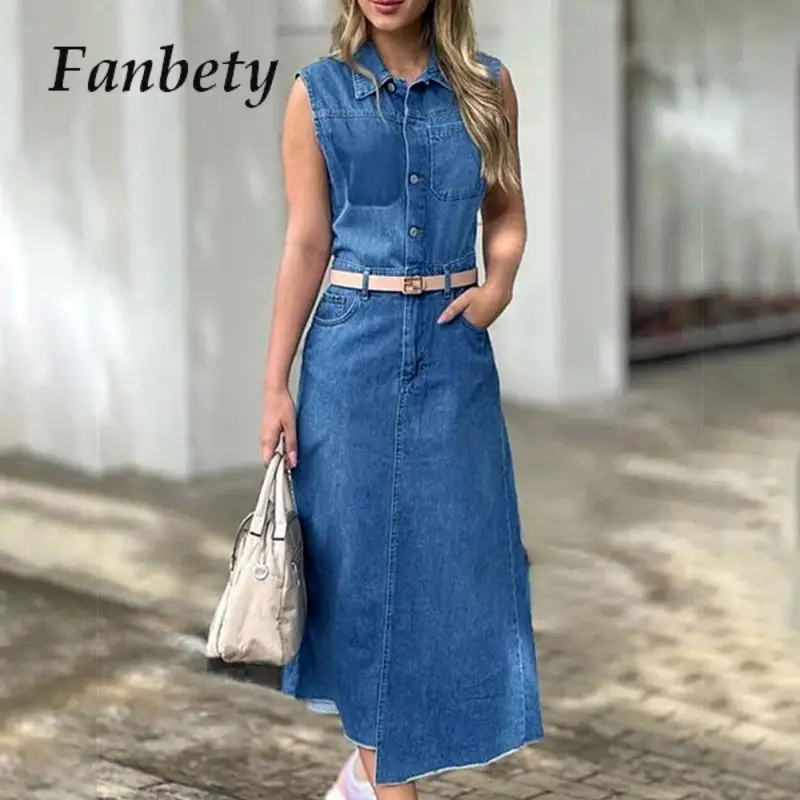 

Женское джинсовое платье без рукавов, голубое тонкое облегающее Повседневное платье с поясом, однобортное длинное платье с отложным воротником, лето 2023