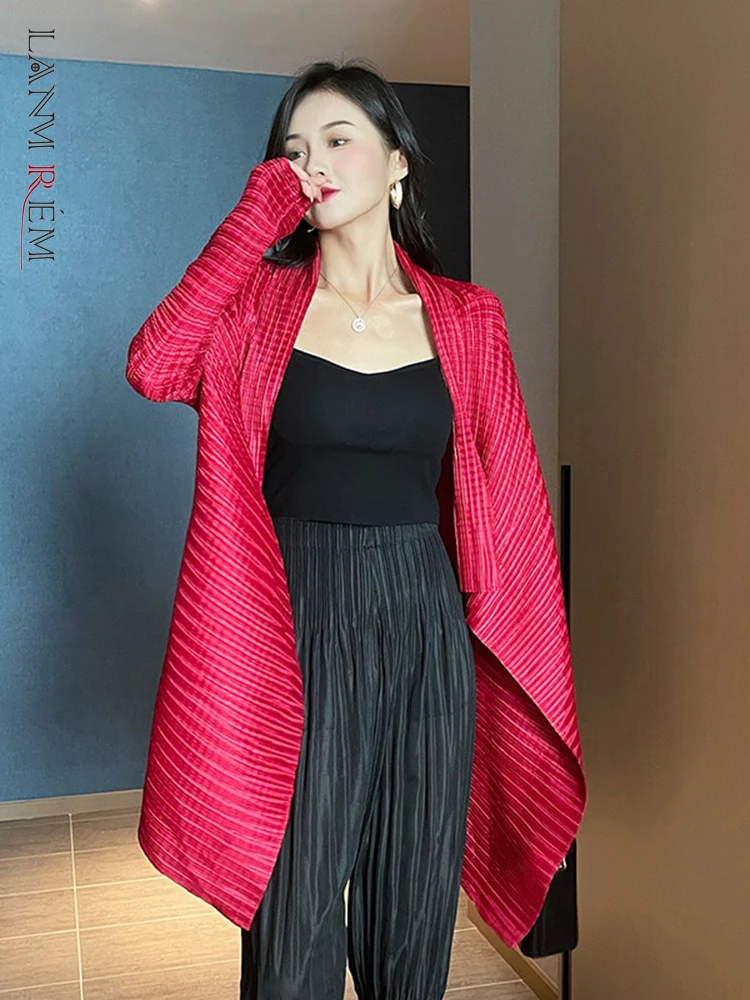 

LANMREM Pleated Cape Long Sleeves Open Stitch Plaid Solid Color Thin Irregular Shawl Female Elegant Clothing 2023 Spring 2R6865