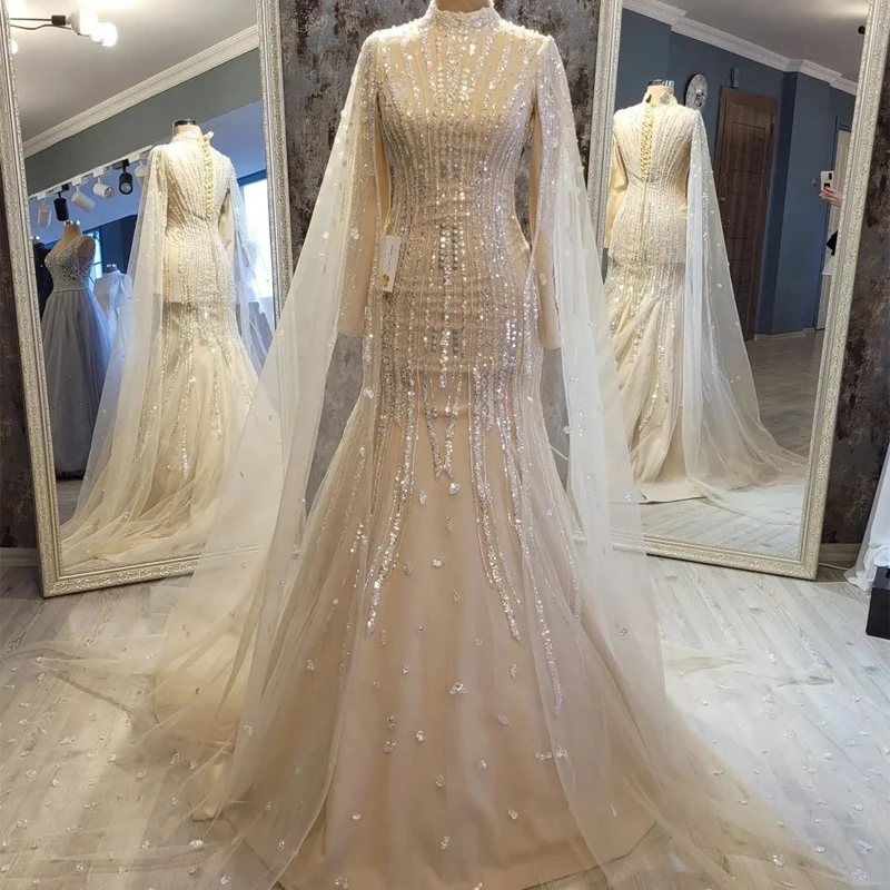 

Luxury Mermaid Muslim Evening Dresses with Overskirt Long Sleeve Elegant Arabic Formal Dress for Women Wedding Party