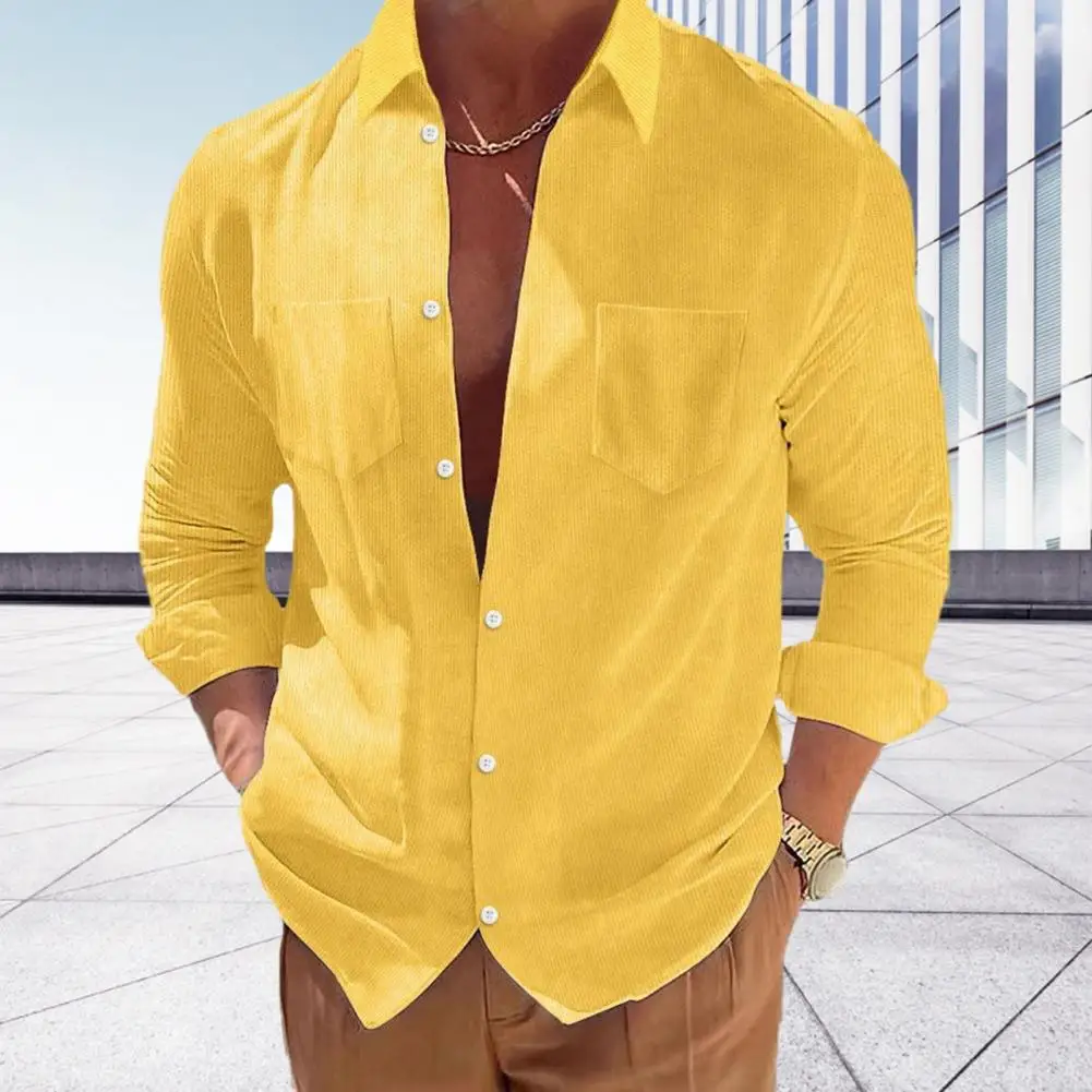 Men Office Shirt Vintage Striped Corduroy Shirt Stylish Men's Corduroy Shirt Lapel Long Sleeve Slim Fit Business Casual