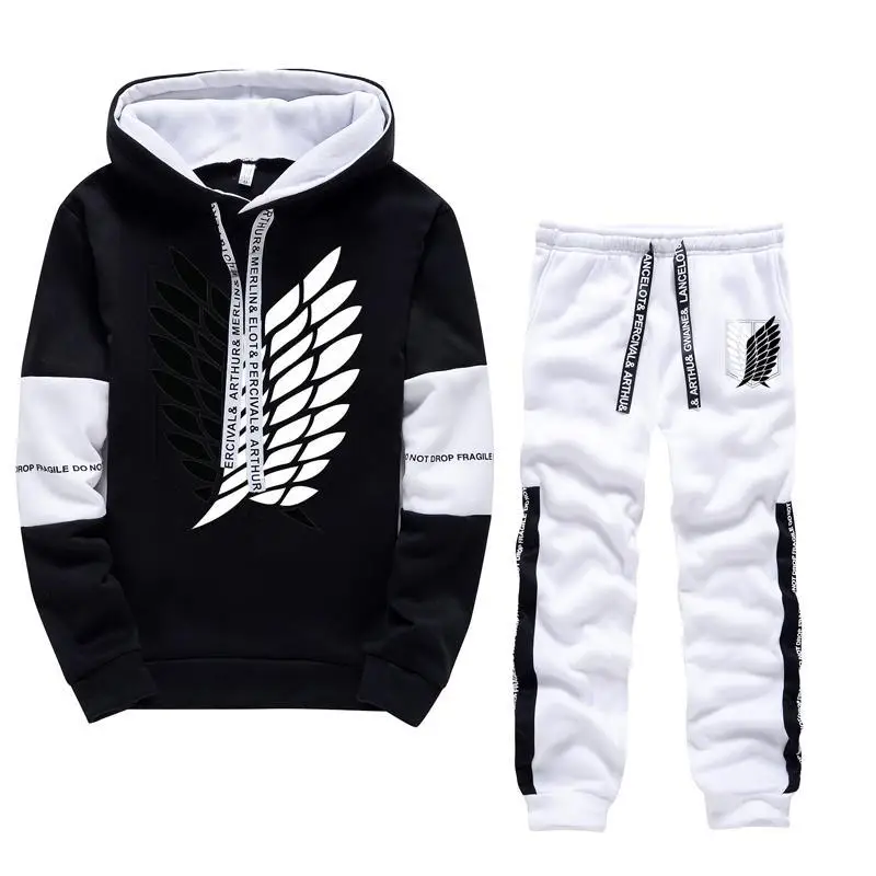 Autumn Winter Men Drawstring Print Tracksuit 2Piece Sets Long Sleeve Pullover Hooded Sweatshirt+Pants Suits Male Sports Clothing