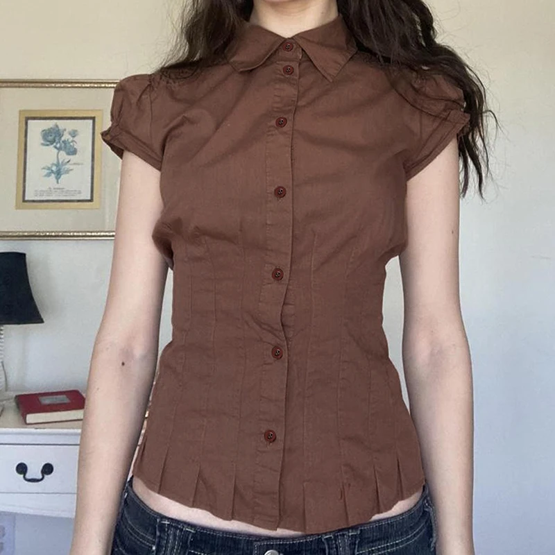 Coquette Brown Pleated Button T-shirt Women Short Sleeve Fitted Blouses 00s Aesthetic Fairy Y2k Vintage Crop Tops Cottage Tees