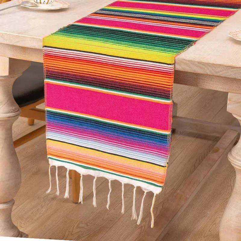 

Cotton Rainbow Stripe Square Table Runner with Tassel For Mexican Cinco de Mayo Fiesta Party Serape Tablecloth Flag Decorations