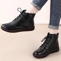 soft black fur shoes woman boots winter leather shoes womens booties lace up ankle boot ladies flat plush shoes mom oxford boot