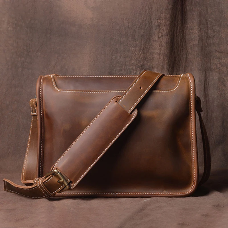 Original Crazy Bag Bags Leather Genuine Shoulder Trend Messenger Handmade Men's Zipper Bag Postman Leather Horse Laptop Vintage