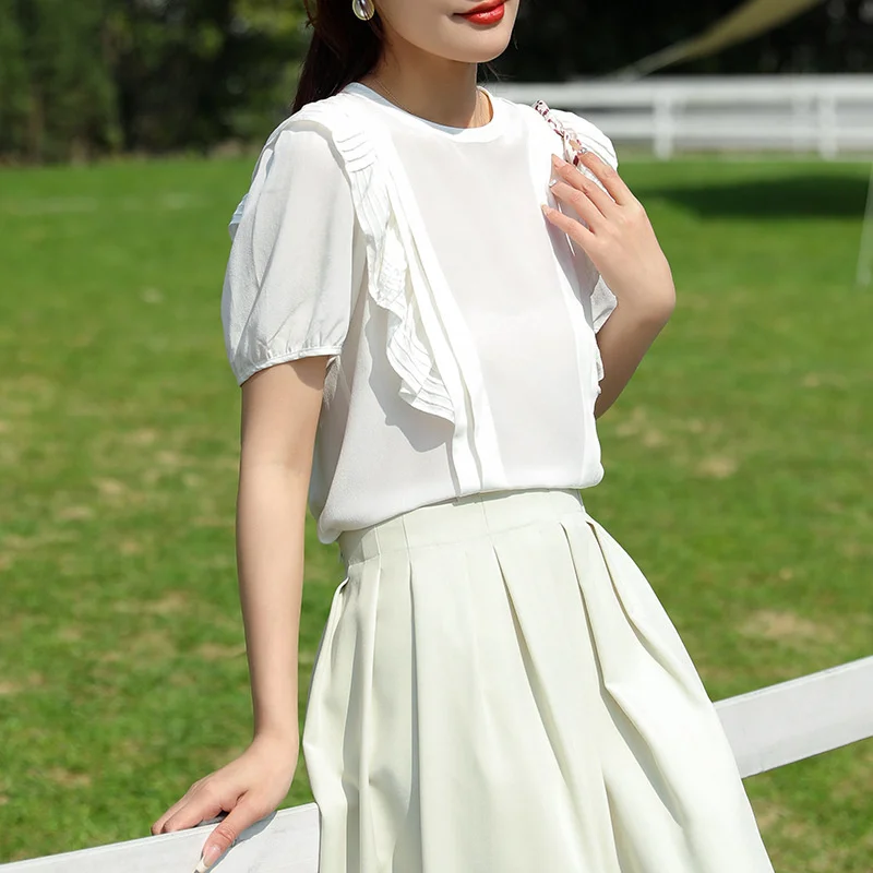 

Женская шелковая блузка с оборками на рукавах, однотонная блузка из шелка тутового шелкопряда с коротким рукавом, 23E0052, лето 2023