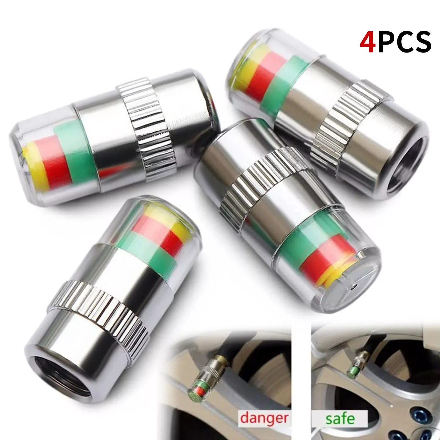 

4pcs 2.4 Bar Car Tire Pressure Guage Cap Sensor Indicator Alert Monitoring Tool Alert Air Pressure Gauge Tyre Cap Indicator