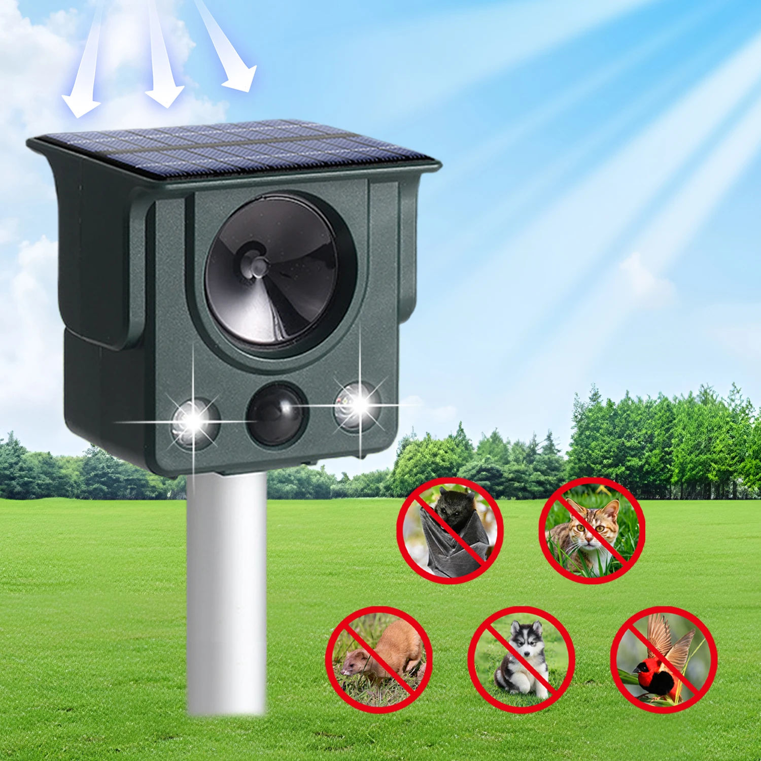 Фото Солнечный отпугиватель кошек с ультразвуком и LED-фонариком для сада: отпугивание кротов, птиц, животных, лис, собак, белок. Защита на открытом воздухе. №1