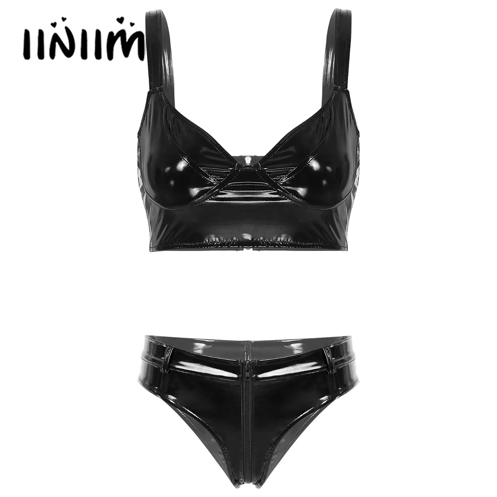 

Womens Wet Look Patent Leather Lingerie Bra Set Clubwear Wireless Bra Tops Camisole Zipper Crotch Booty Shorts Low Waist Briefs