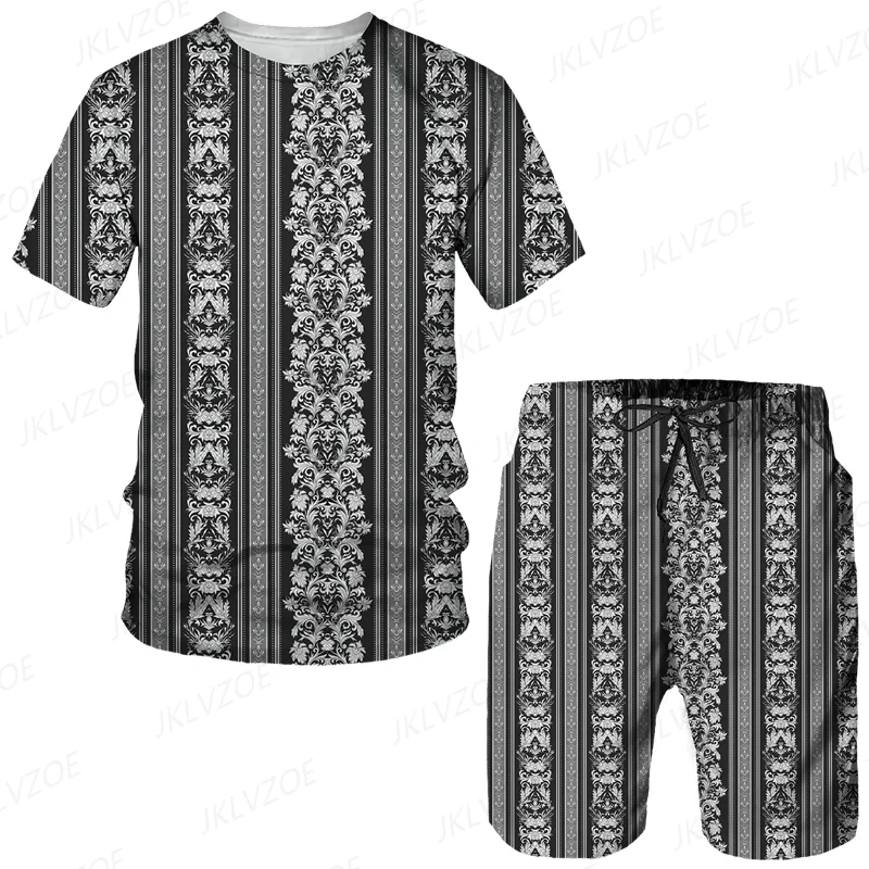 2023 African Summer Men's Short Sleeve T-shirt Suit 2-piece Street Wear 3D Printed Sports Beach Shorts Sportswear Loose Clothing