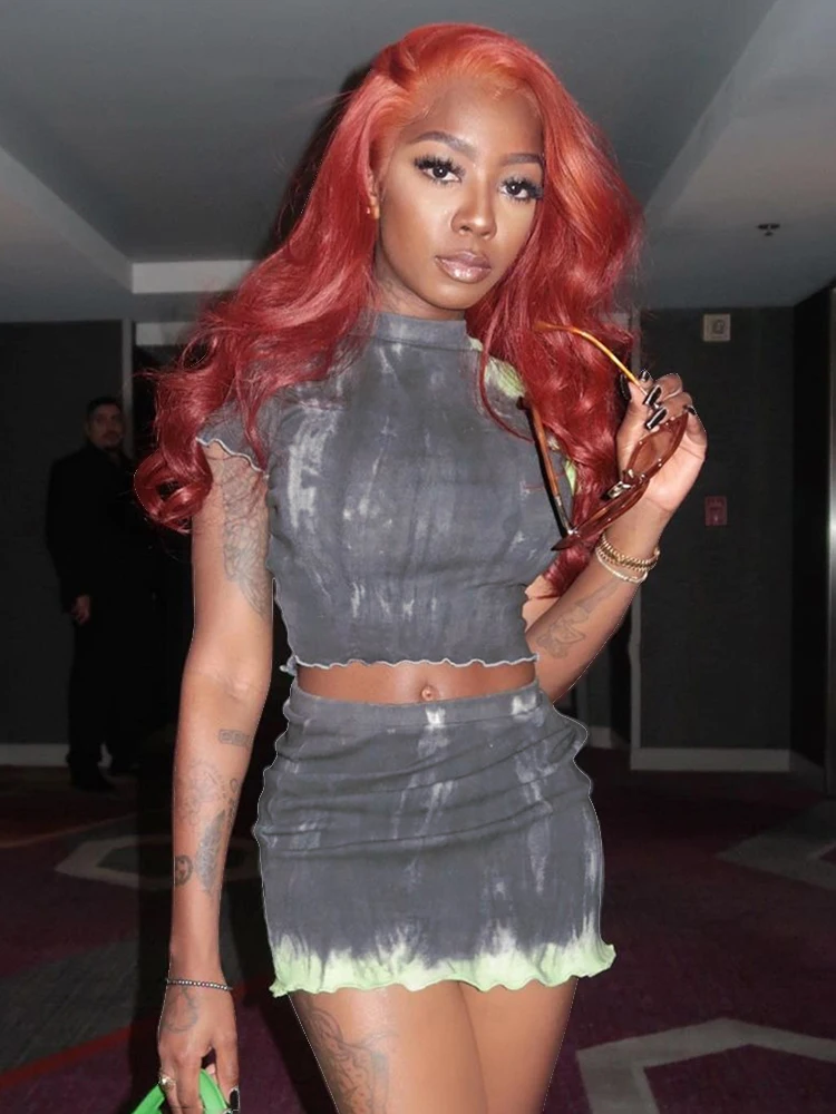 

KLALIEN модный костюм из двух предметов с принтом в виде краски, женский короткий топ с коротким рукавом и облегающая мини-юбка, Женская Клубная уличная одежда, пляжная одежда