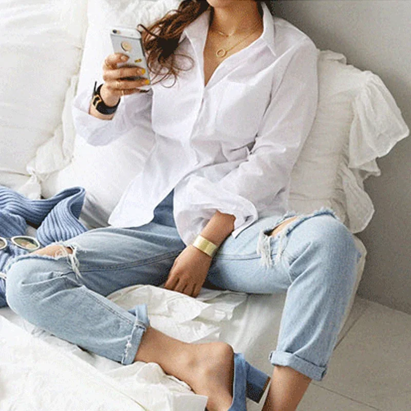 Блузки Рубашки Топы с длинным рукавом белая блузка женская мода 2024 Офисная