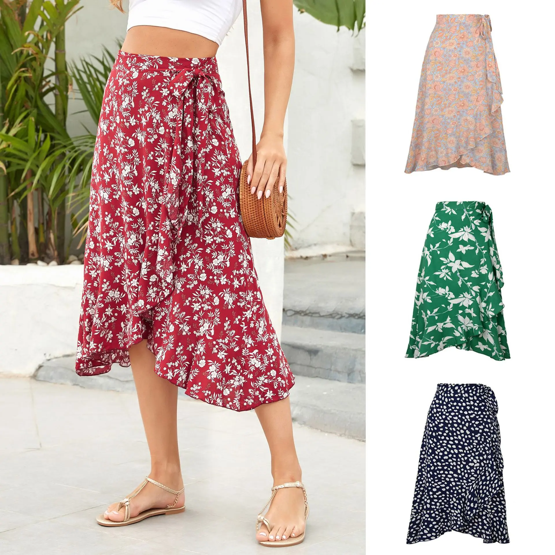 

Lace-Up High Waist Floral Print Skirt For Women 2022 Summer Beach Boho Irregular A Line Casual Fairycore Midi Skirts Female
