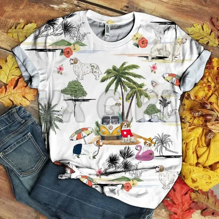 Комочко спаниель-Гавайский пляж ретро 3D футболки с принтом по всей площади