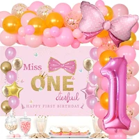 pink miss onederful pink and gold balloon garland kit with background cloth bow foil balloons girls 1st birthday party supplies