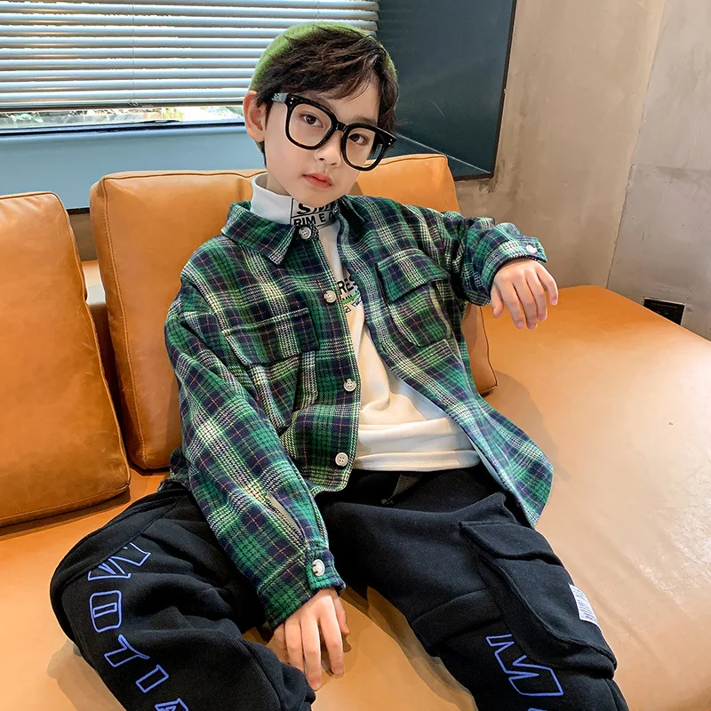 

Spring Autumn Boy Casual Jacket Winter Thick Children Clothing Teen Kids Plus Velvet Plaid Shirt Top Fashion Striped Long Sleeve