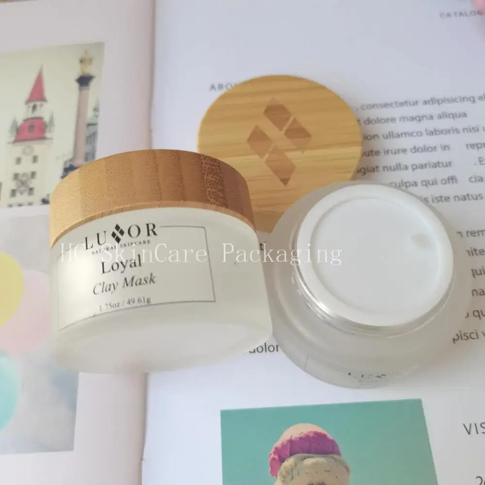 

5pcs Wholesale Cosmetic Cream Jar With Bamboo Wood Lid Frosted Clear Glass Container Skin Care Packaging Jars Custom Logo Jars