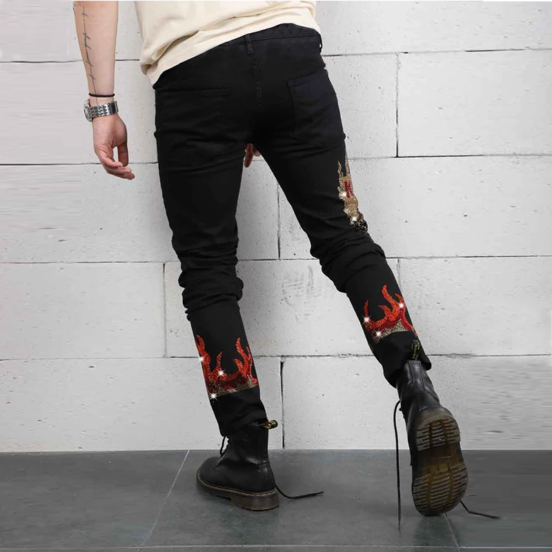 Mans Stretchy Black Jeans Skinny Slim Fit Hot Drill Punk Streetwear Biker Trousers Man Rhinestone Hole Letter Denim Pencil Pants
