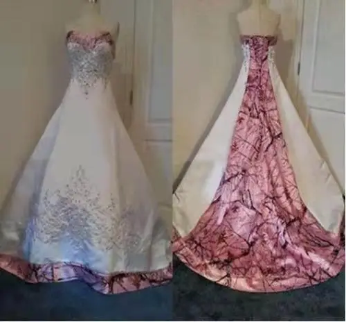 

Pink Camo Sweetheart Embroidery Wedding Dresses country boho beaded Lace Up Back Corset Realtree beach Bridal Gowns Camouflage