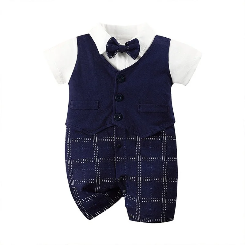 

Newborn Baby Boy Romper Summer One-pieces Bodysuits School Uniform Style Gentleman Bow Tie Romper Suit Infant Wedding Photograph