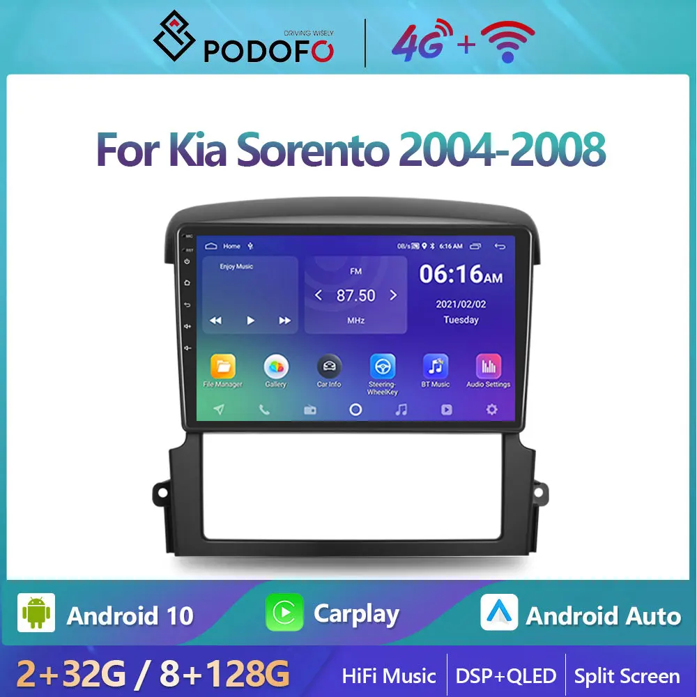 

Автомагнитола Podofo на Android 10, мультимедийный видеоплеер с GPS-навигацией для Kia Sorento 2004-2008, 2din, 4G, Wi-Fi, Carplay
