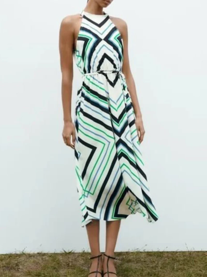 

Summer Women's Printed Round Neck, Shoulder, Back, Split Waist, Slimming Lace Design Dress Commuter Style