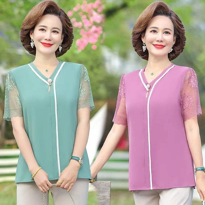 

Women Chiffon Shirts Fashion Short Sleeve Lace Splice Ladies Summer Casual Loose Blouses Elegant Tops Blusas