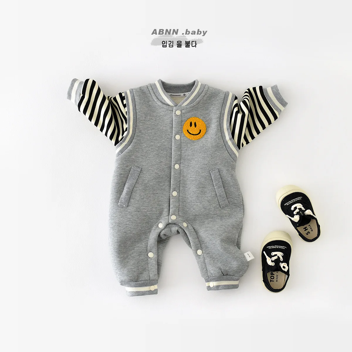 

Комбинезон для мальчиков, полосатый комбинезон с хлопковой подкладкой и смайликом, в Корейском стиле, Осень-зима 2023