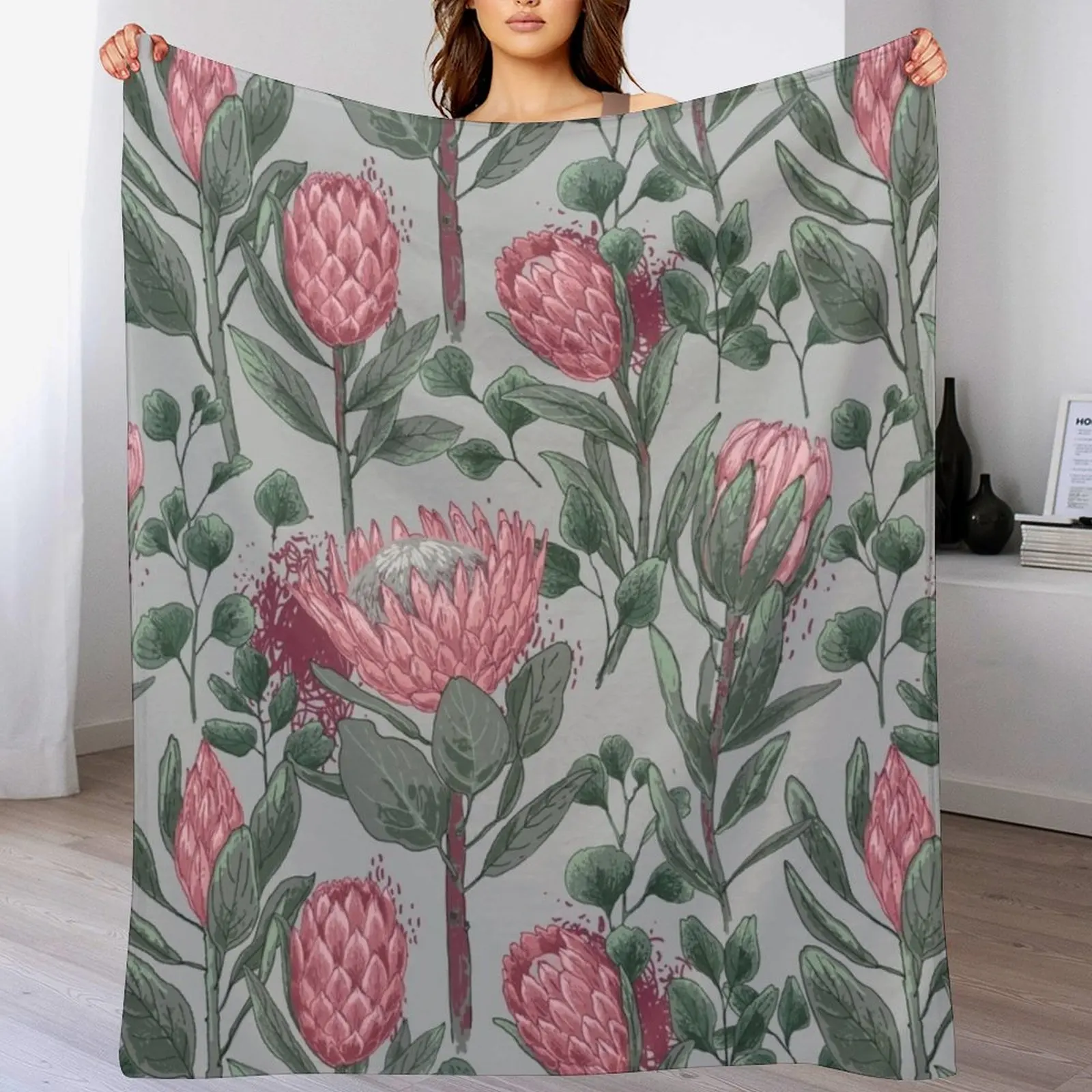 Экзотический цветок Протеа розовый узор ботаническая иллюстрация вектор Плед