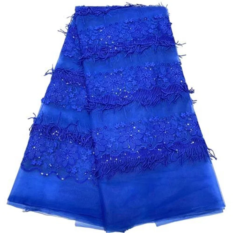 

Royal Blue New High Quality African Nigerian Tulle Lace 3D Fabric With Sequins Embroidery Sew Dress 5Yards Organza Materials