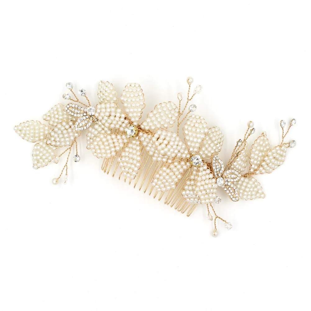 

O609 Handmade Wedding Bridal Hairwear Alloy Crystal Inlaid Plastic Beads Leaves Marriage Bride Headpiece Women Pageant Hair Comb