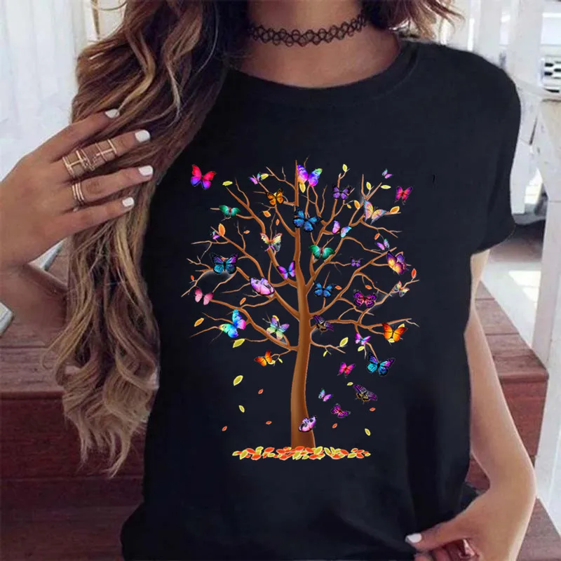 

Beauty Butterfly Tree Print Harajuku Summer Tshirts Casual Girl Lady Short Slee Top Tees T Shirt Women Black White T-shirt 6XL