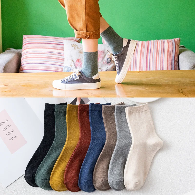 Spring and Autumn Socks Japanese Series Solid Color Women's Medium Tube Socks High Rib College Style Cotton Socks