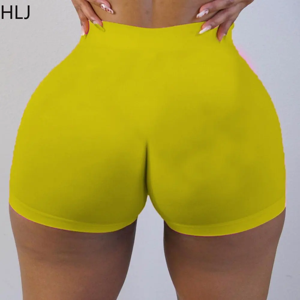 HLJ Casual Solid Color High Waisted Shorts Women Elastic Sporty Skinny Shorts Summer Female Matching Bottoms Biker Shorts 2023