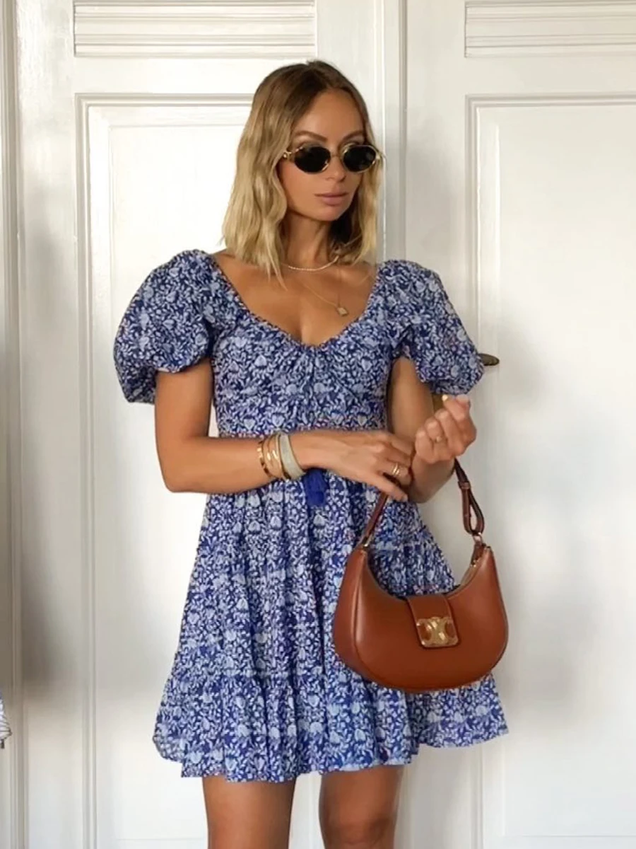 

Floral Printed Summer Mini Dress Ladies Square Collar Puff Sleeve Fashion Elegant Female Dresses 2023 Chic Casual Women's Dress