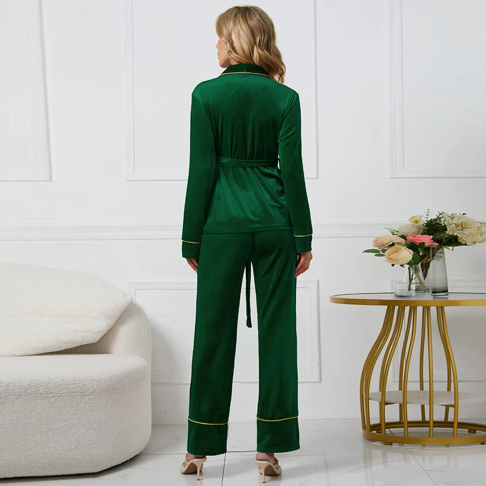 New Winter Fleece Women's Pajamas 2-piece Set Rose Embroidered Home Wear Suit Long-sleeved Cardigan Lace-up Top Trousers