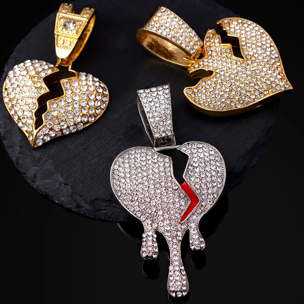 

Hip Hop Men Broken Heart Cuban Link Chain Necklace Gold Silver Color Iced Out Bling Full Rhinestone Pendant Necklaces Jewelry