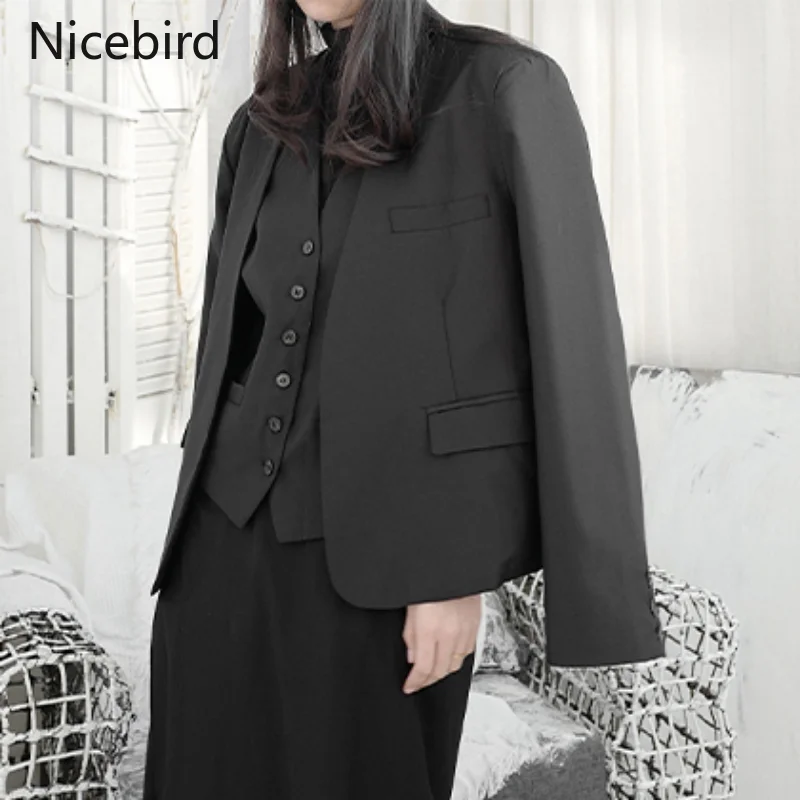 

Nicebird Blazer Vests Set Women Elegant Loose Bandage Waistcoat Sleeveless Jackets Asymmetrical Causal Suit Coat Two Piece Sets