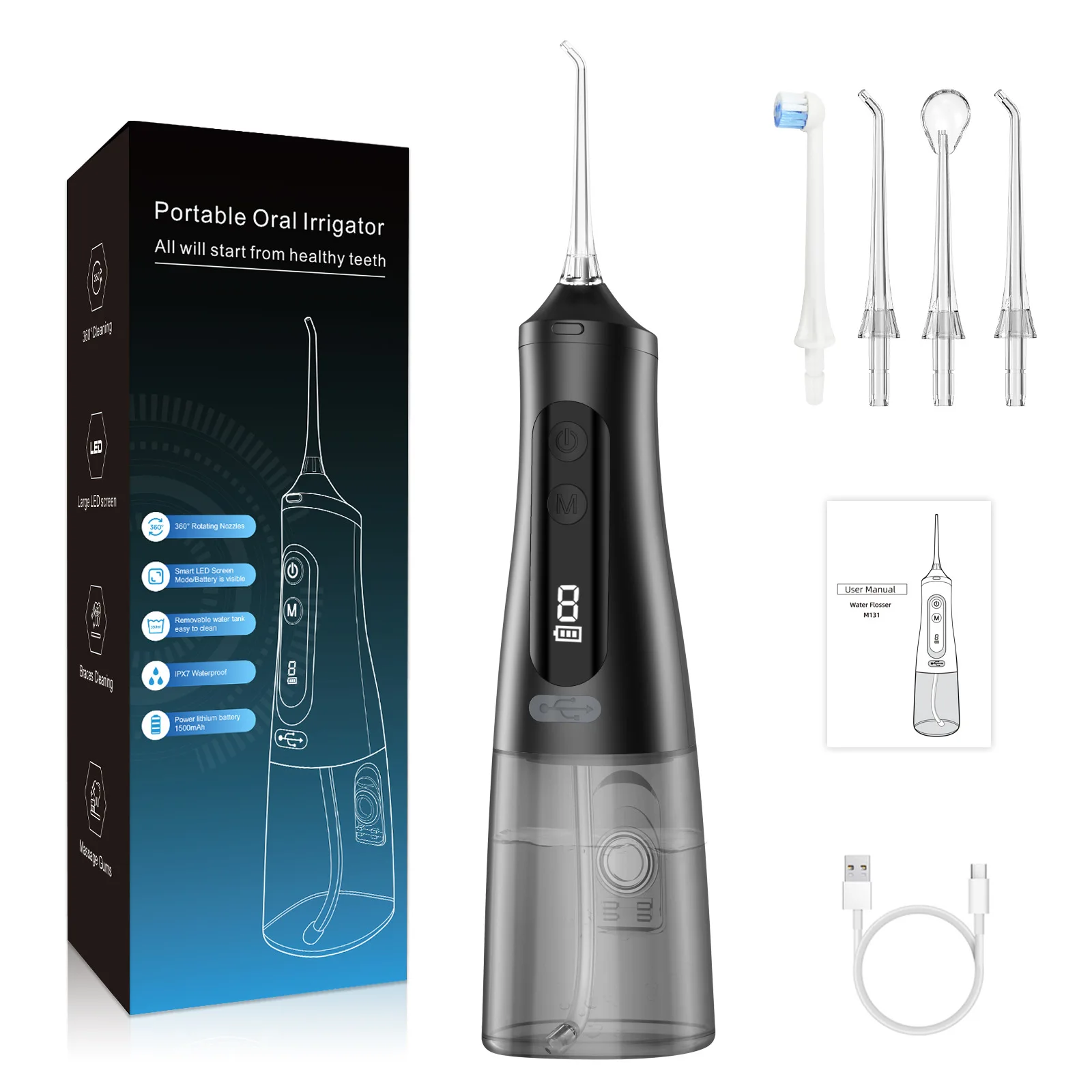 

Portable Oral Irrigator 9Mode Smart Display Dental Water Flosser Rechargeable Water Jet Floss Tooth Pick 350ML Teeth CleanerIPX7