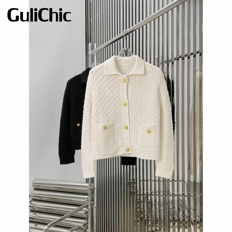 

12.28 GuliChic Women Elegant Golden Button Pocket Wool Argyle Hollow Out Knitted Cardigan Sweater