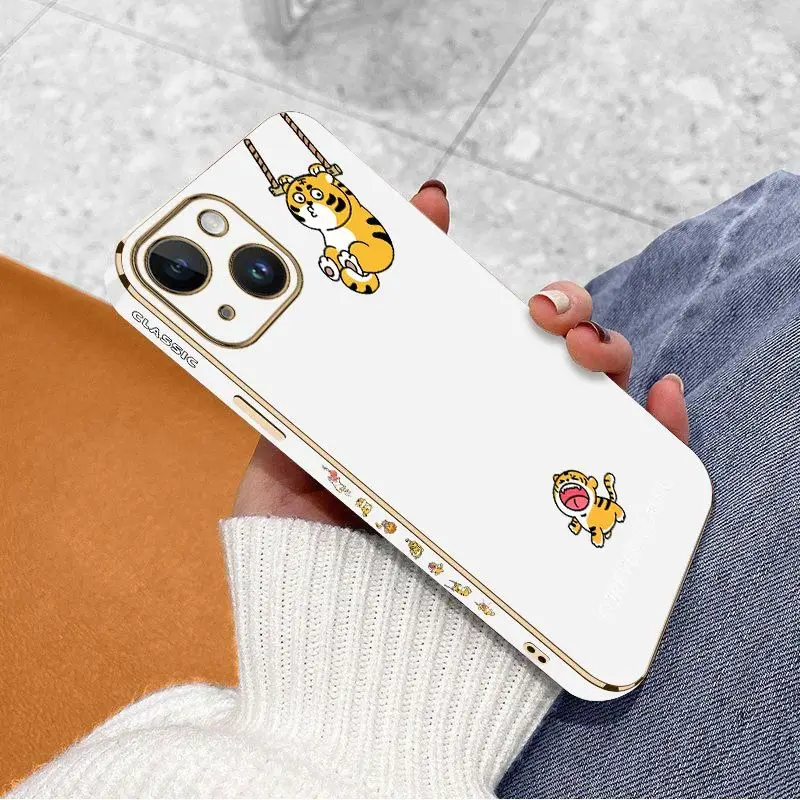 Naughty Little Tiger Luxury Plating Phone Case For iPhone 14 13 12 11 Plus Pro Max Mini X XR XS SE2020 8 7 6 6S Plus Cover
