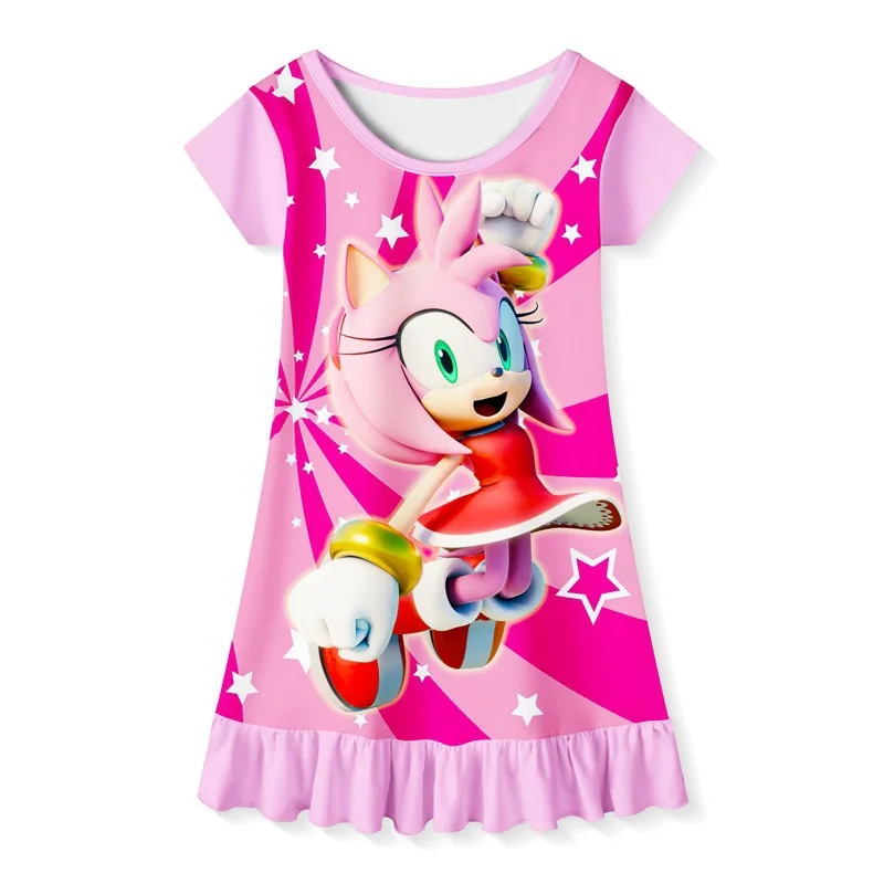 

DSonic The Hedgehog Cartoon Sonic Children's Short-sleeved Nightdress Ruffled Princess Dress Comfortable and Casual
