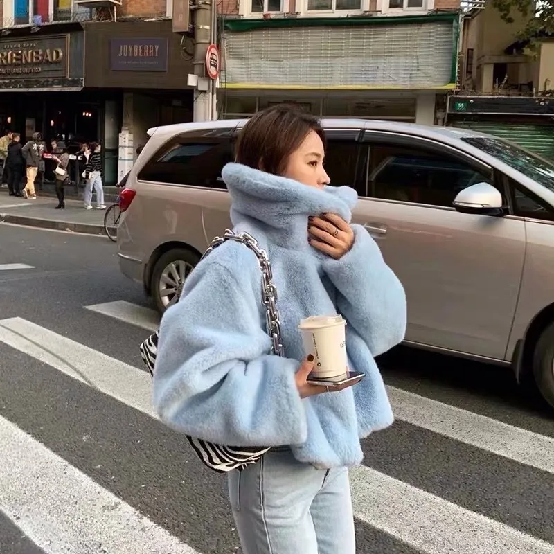 baby blue Women Winter casual sweet girl  Lapel  Shaggy Faux Rabbit Fur Jackets Vintage Furry Oversized Coat Short Outerwear fur